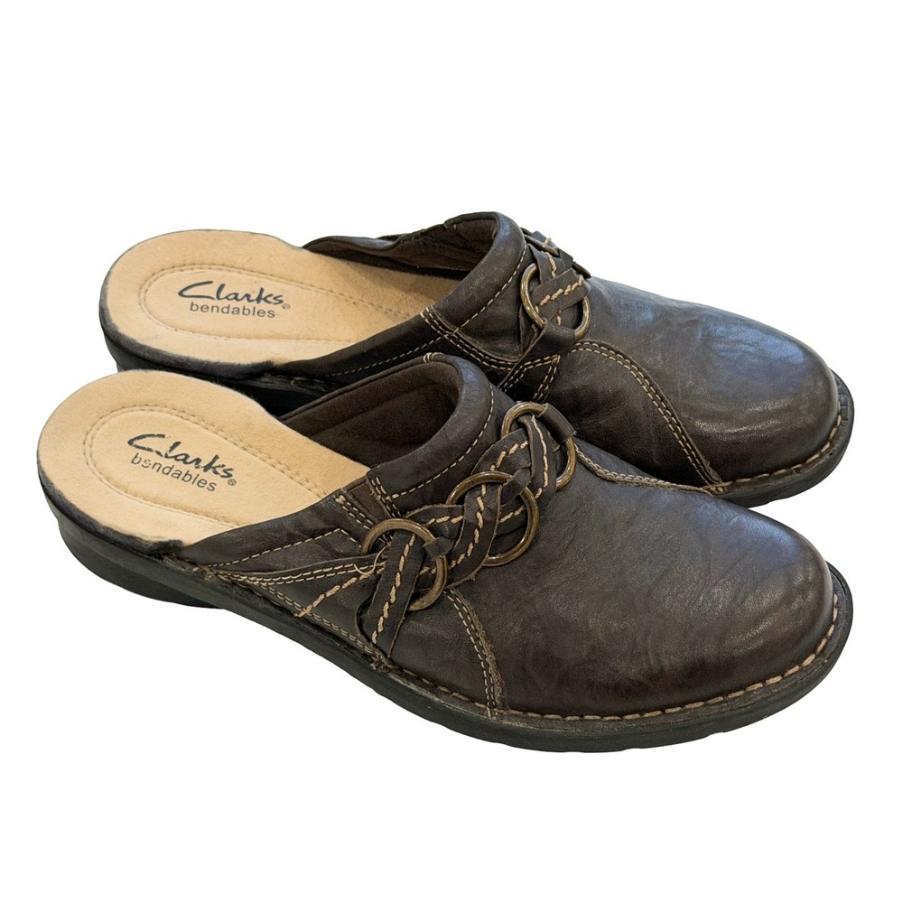 Clarks Nikki Theater Brown Leather Mule Clogs Women's Size 8M Braided Shoes Boho